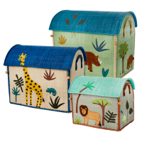 Set of 3 Jungle Animal Theme Raffia Toy Storage Baskets in Blue By Rice DK